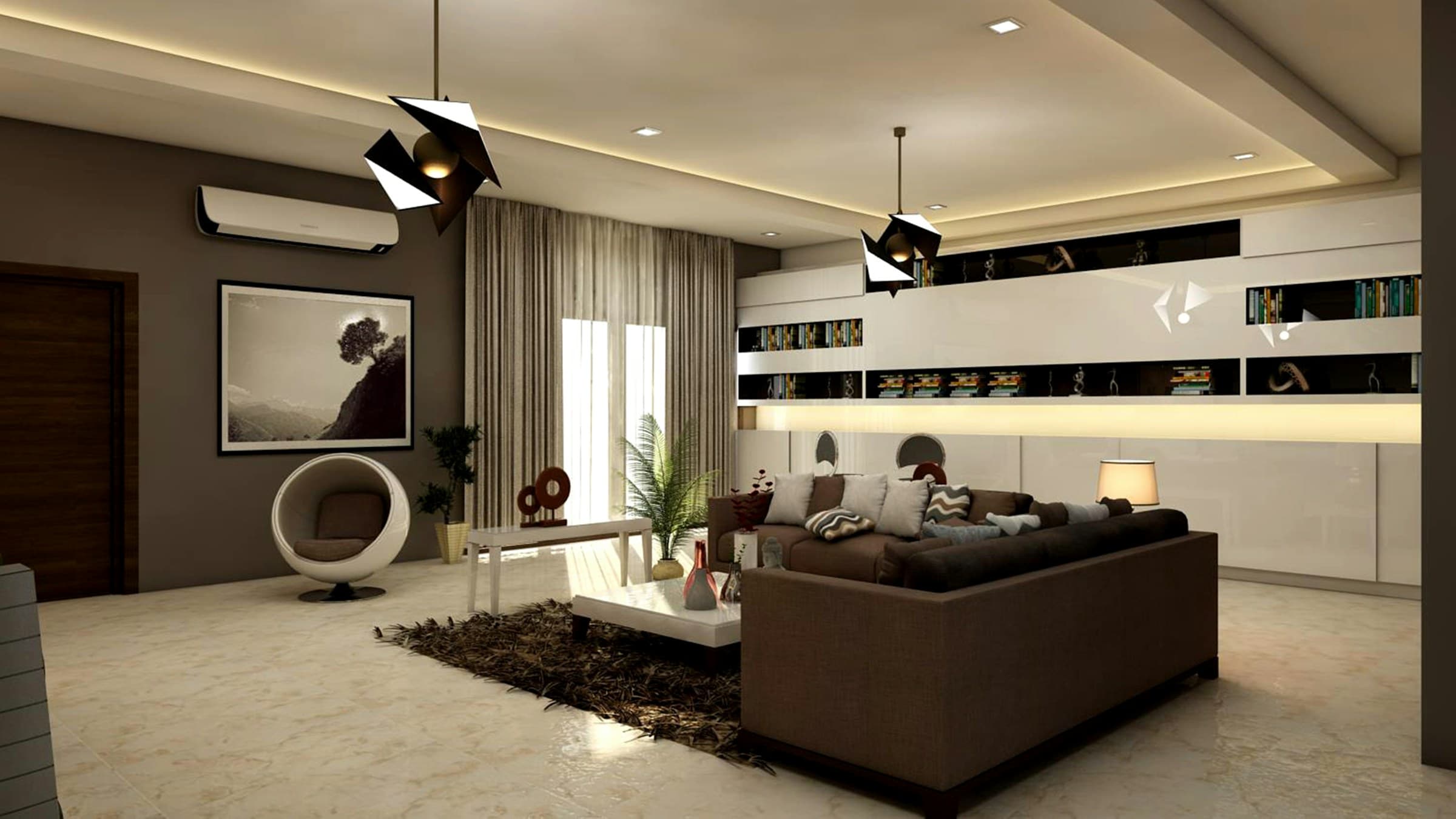 Spacious living room with a tray false ceiling, warm cove lighting and a white display wall unit